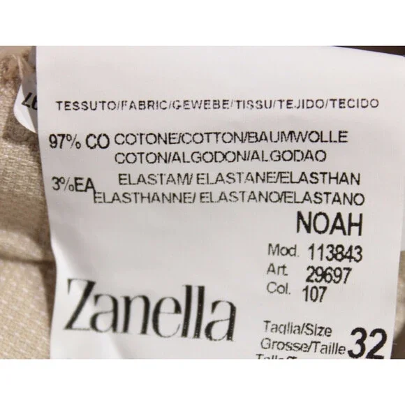 Zanella NWT Chinos / Casual Pants Size 32 US Noah In Solid Beige Cotton Blend